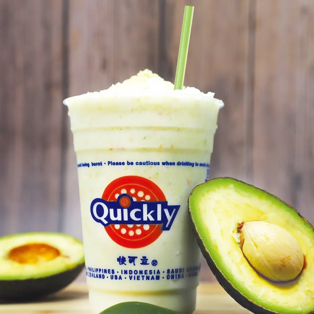 Creamy avocado smoothie with fresh avocado halves at Quickly Stoneridge Mall, a Fast Food Restaurant in Pleasanton