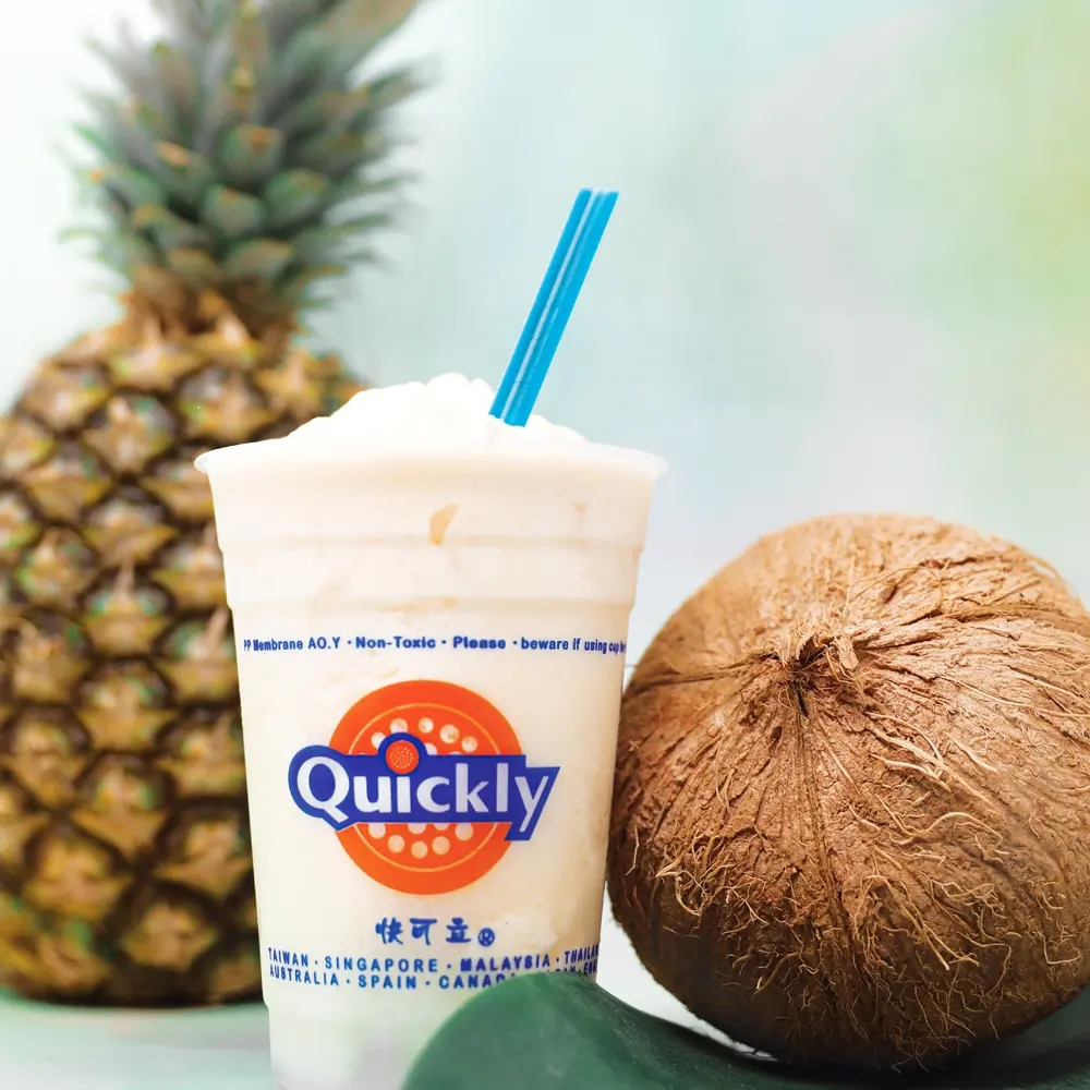 Tropical pineapple coconut smoothie with pineapple and coconut at Quickly Stoneridge Mall, a Fast Food Restaurant in Pleasanton